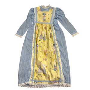 Vintage 1970s Girls Prairie Dress Gingham Holly Hobbie Style Lace Pinafore 6?